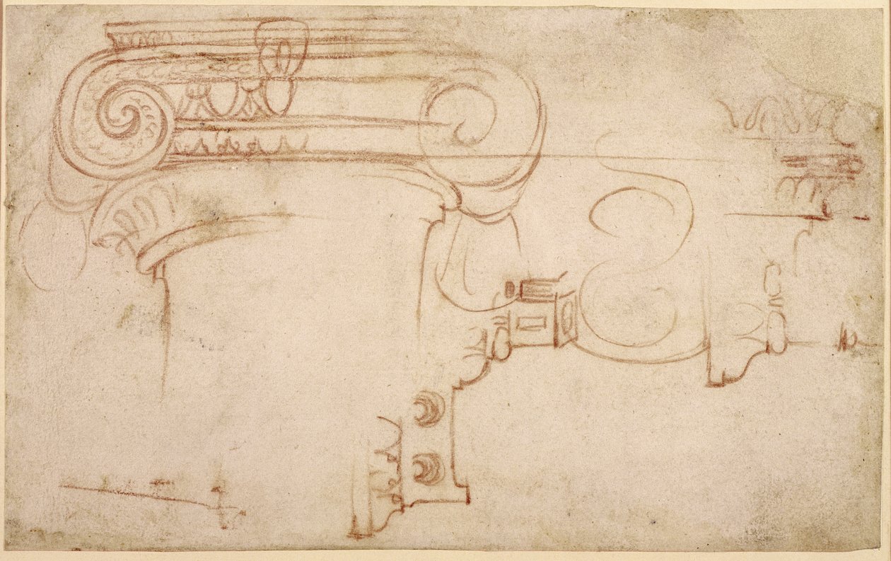 Studie af en ionisk hovedstad (rødt kridt på papir) (recto) af Michelangelo Buonarroti