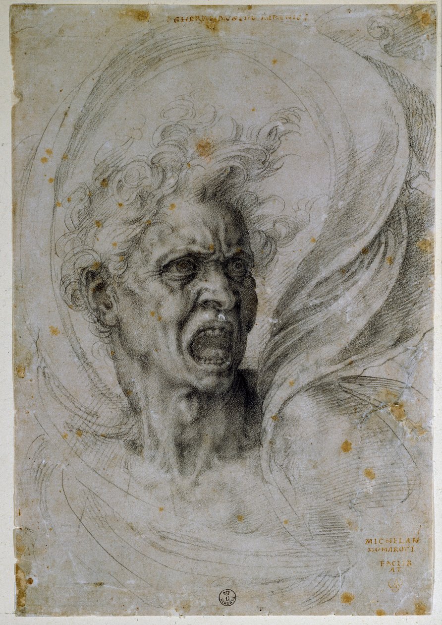 Studerer hovedet på en skrigende mand. Tegning af Michelangelo Buonarroti kendt som Michel Ange eller Michelangelo eller Michelangelo (1475-1564). Firenze, Uffizi-museet (Firenze, afdelingen for tryk og tegninger af Uffizierne). af Michelangelo Buonarroti