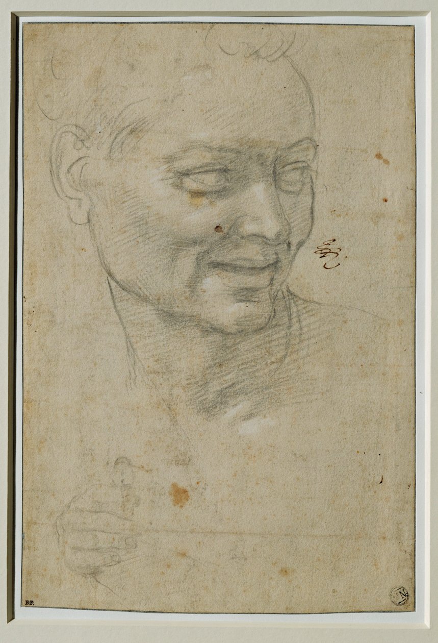 Hoved og højre hånd af ignudo over og til venstre for Esajas, ved hvælvingen i Capella Sistina ... af Michelangelo Buonarroti