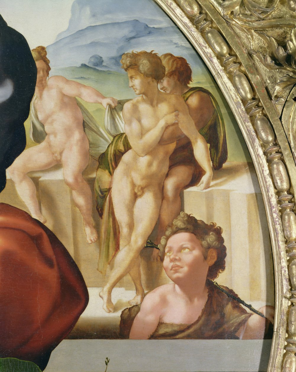 Den hellige familie med St. John (Doni Tondo) viser nøgne figurer i baggrunden af Michelangelo Buonarroti