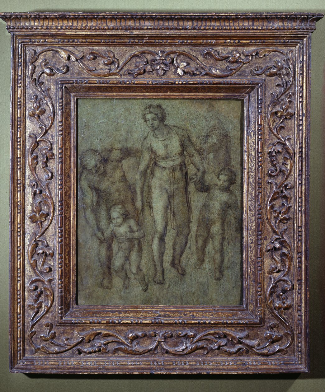 Den hellige familie med Johannes Døberen, ca. 1540 (pensel og brun vask på panel) af Michelangelo Buonarroti