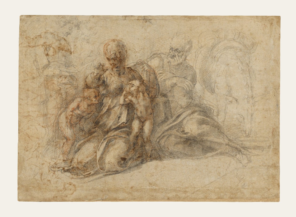 Den hellige familie med spædbarnet Johannes Døberen (recto); elskovssyge putti i leg; hoved af en fugl (verso) af Michelangelo Buonarroti