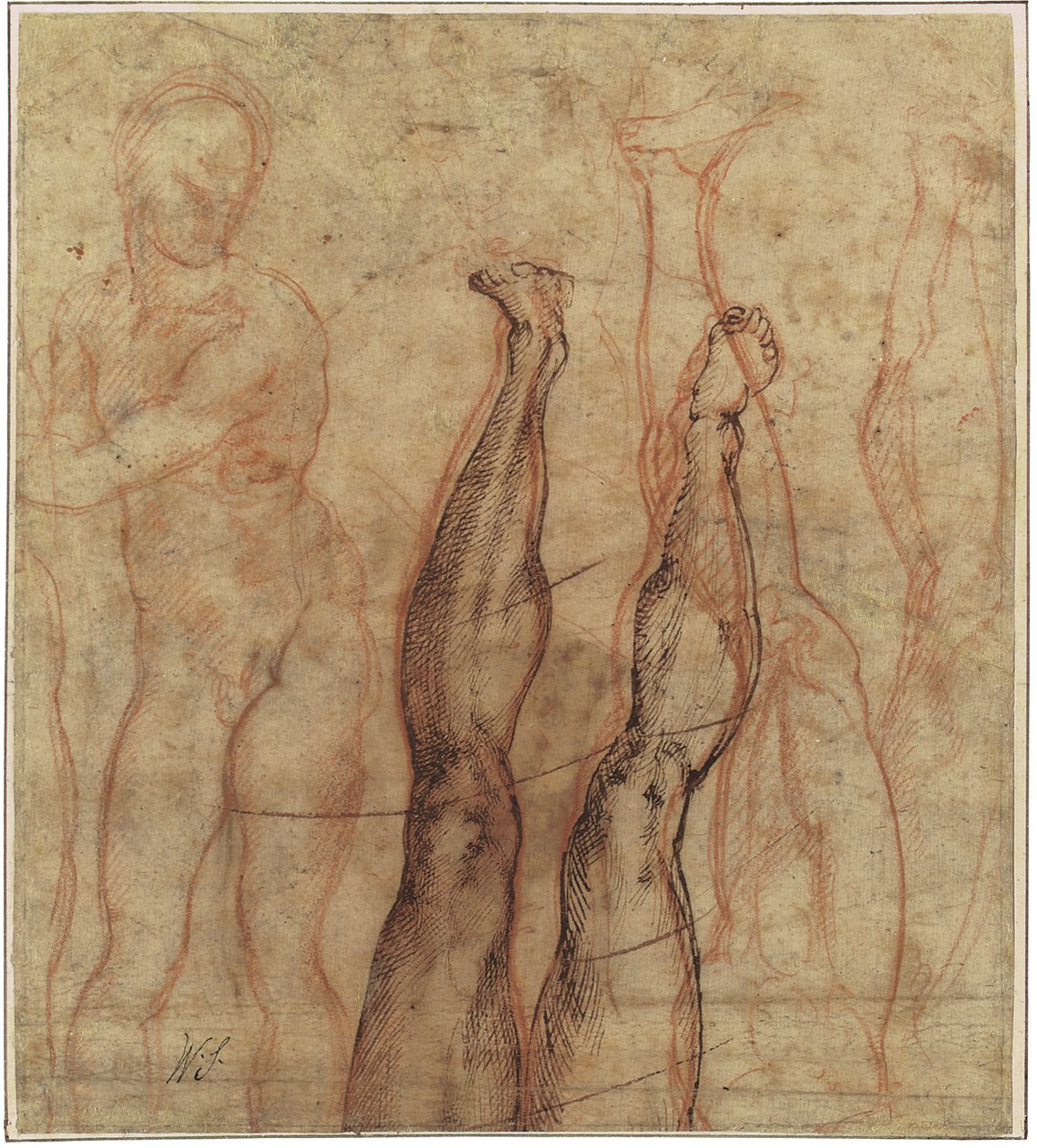 Den opstandne Kristus, trekvart længde nøgen tegnet over studier af et ben og en fod af Michelangelo Buonarroti