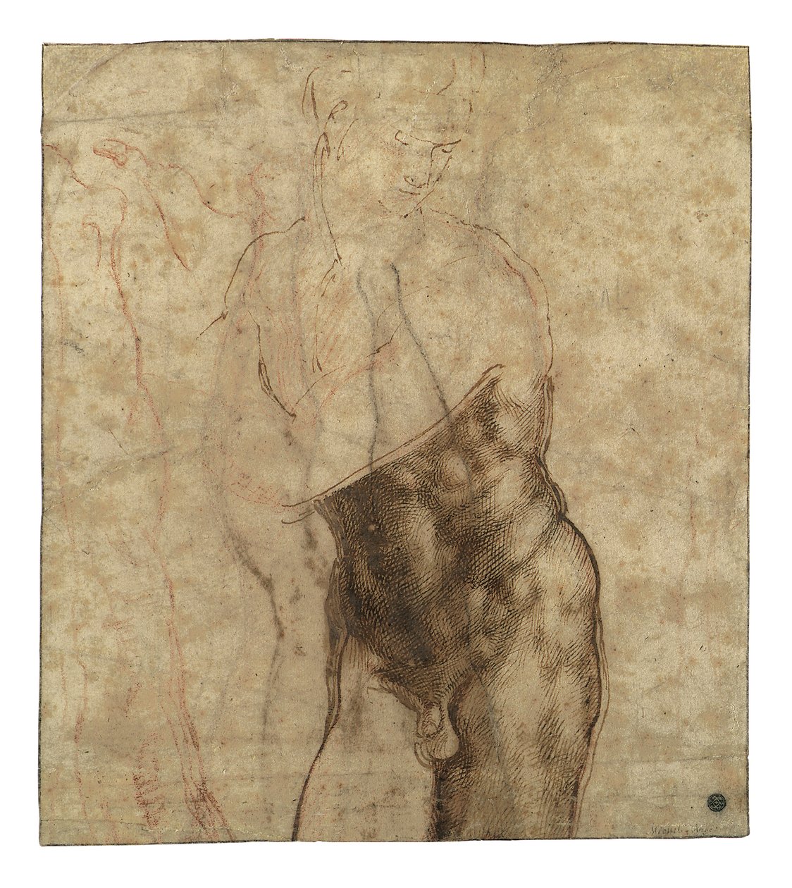 Den opstandne Kristus, trekvart længde nøgen ser ned til højre af Michelangelo Buonarroti