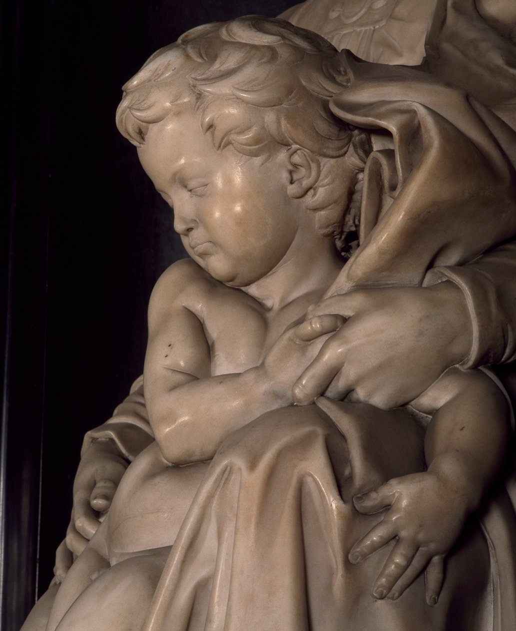 Jesusbarnet, detalje fra Madonna and Child, af Michelangelo (1475-1564), Notre Dame-kirken i Brugge, Belgien af Michelangelo Buonarroti