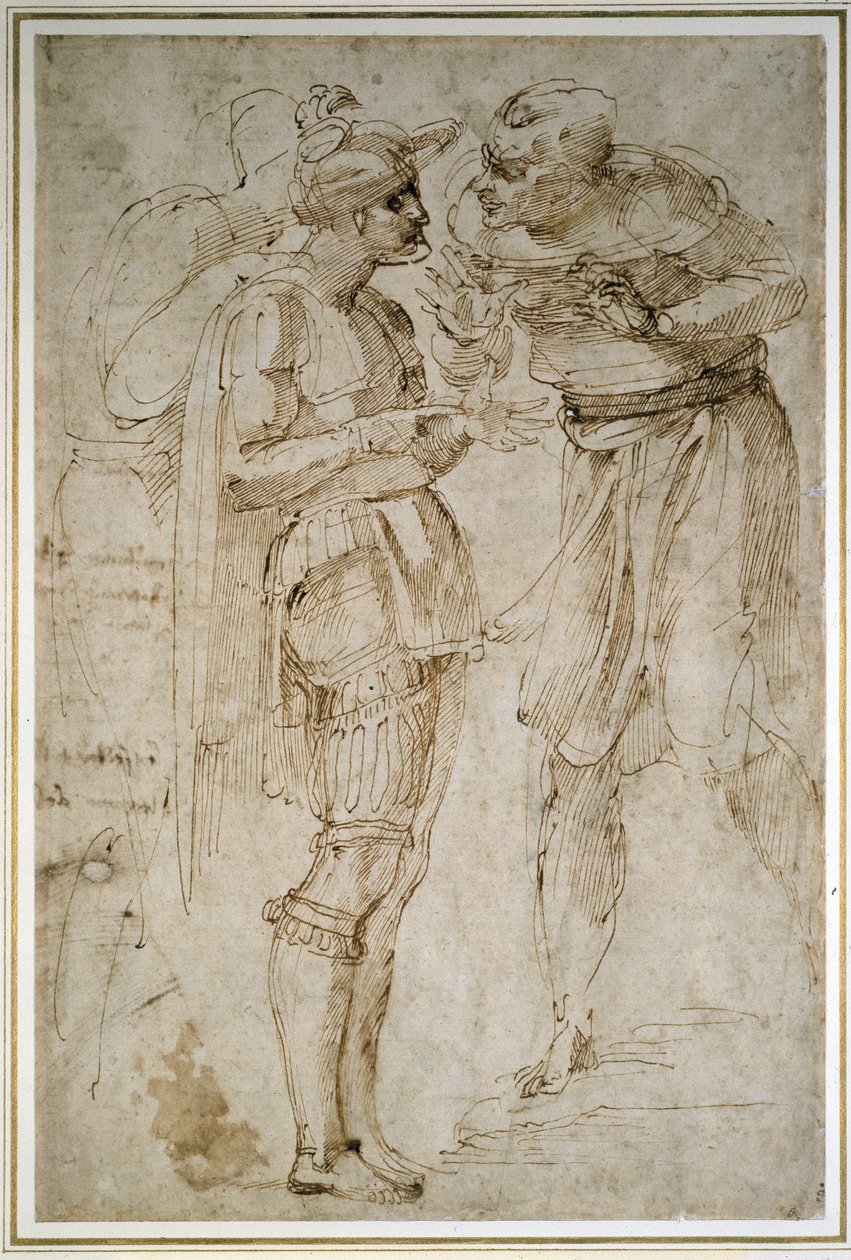 Tre mænd i samtale (pen og brunt blæk på papir) af Michelangelo Buonarroti
