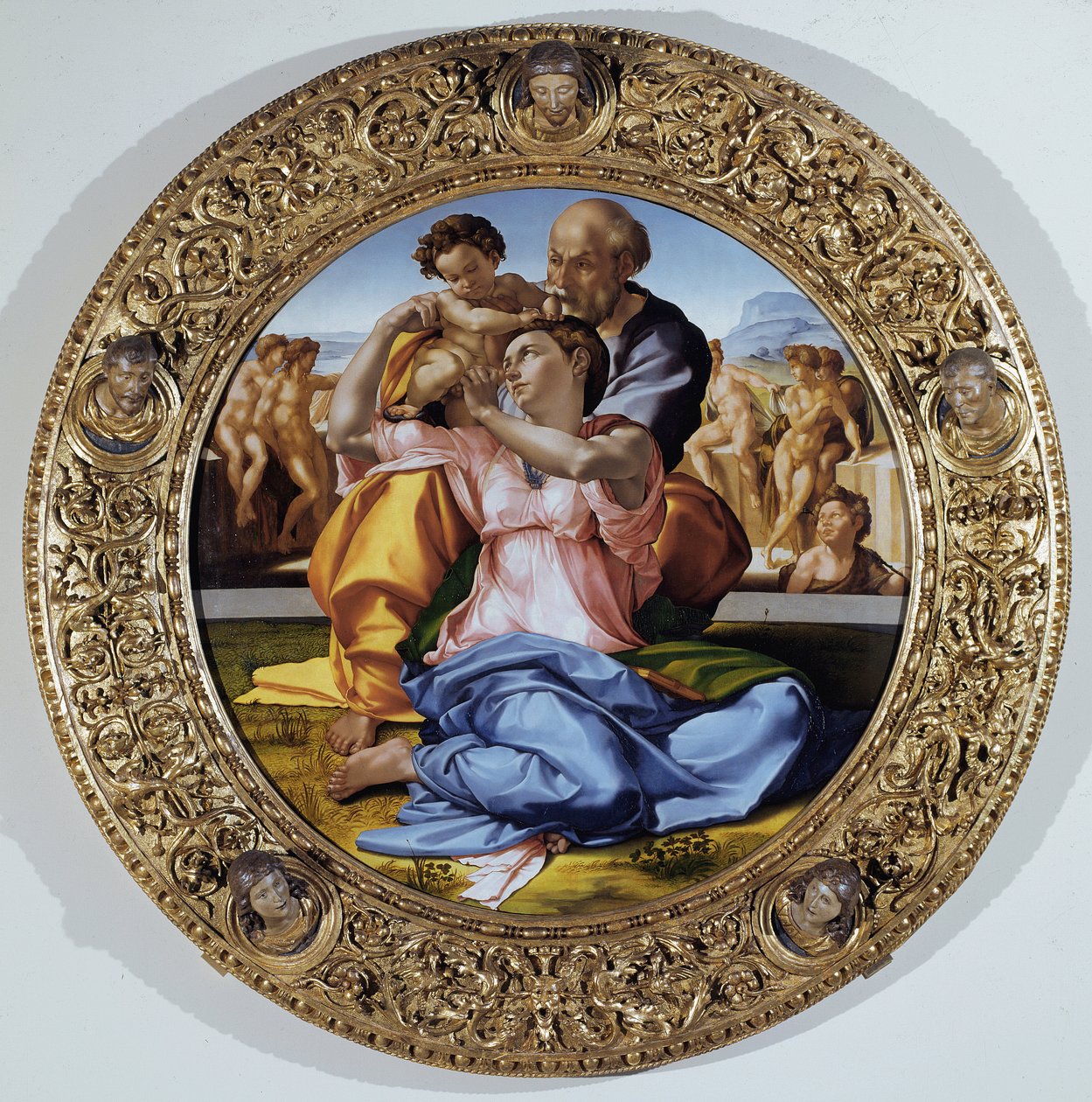 Tondo Doni: Den hellige familie med Johannes Døberens barn - olie på panel af Michelangelo Buonarroti