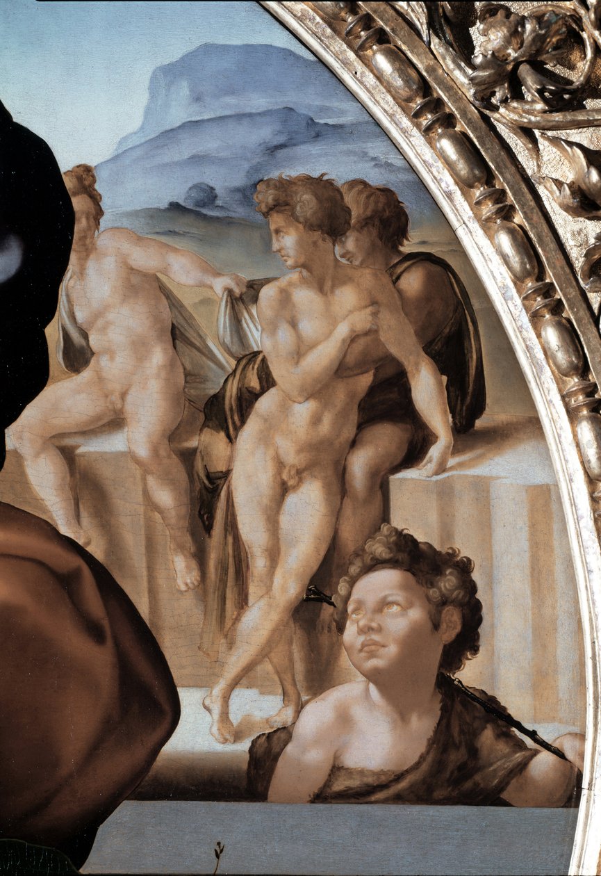 Tondo Doni: The Holy Family with Saint John the Baptist Child, detalje - 1504-06 (olie på panel) af Michelangelo Buonarroti