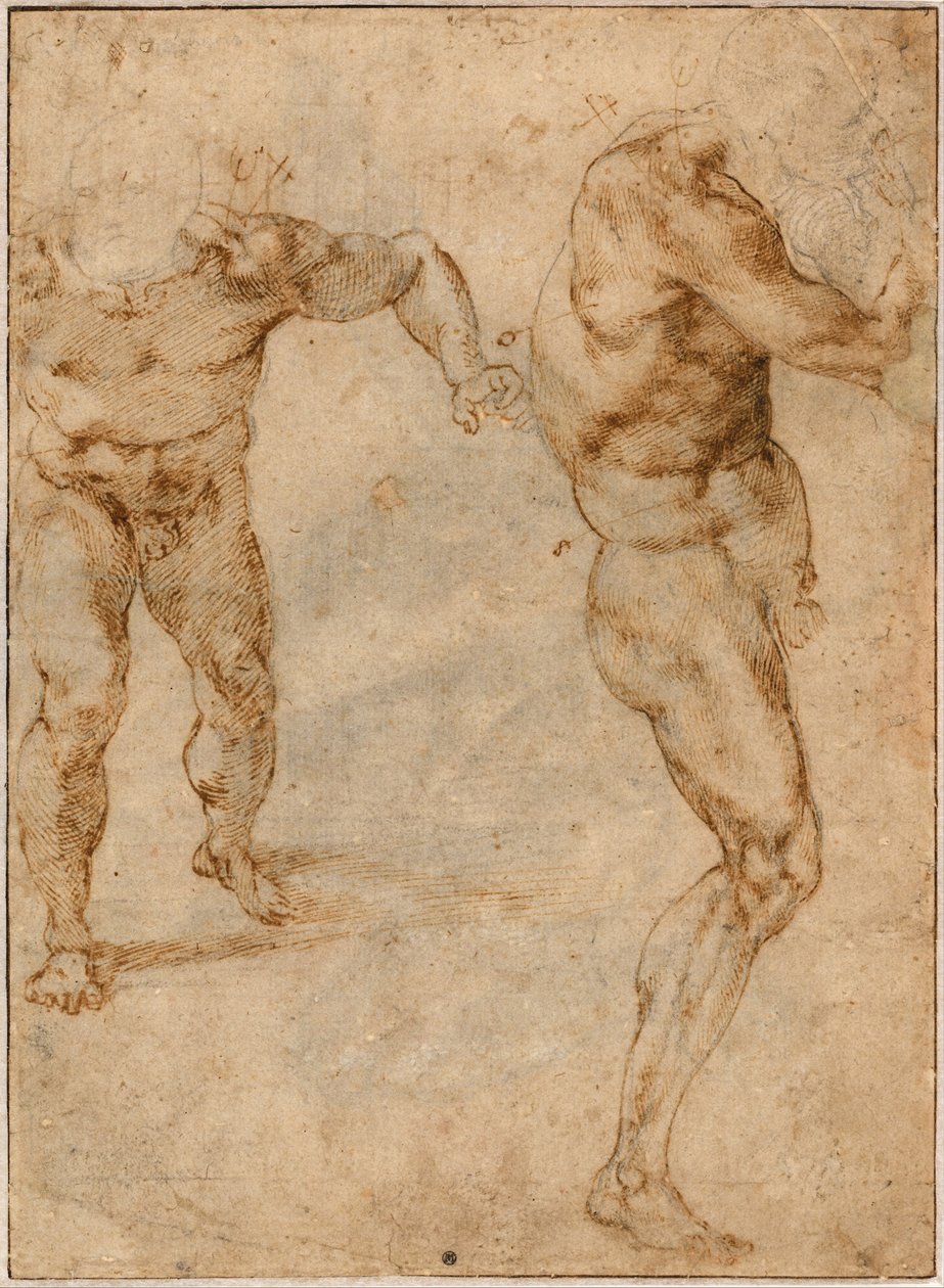 To nøgenstudier af en mand, der stormer frem og en anden, der vender sig mod højre, ca. 1504 af Michelangelo Buonarroti