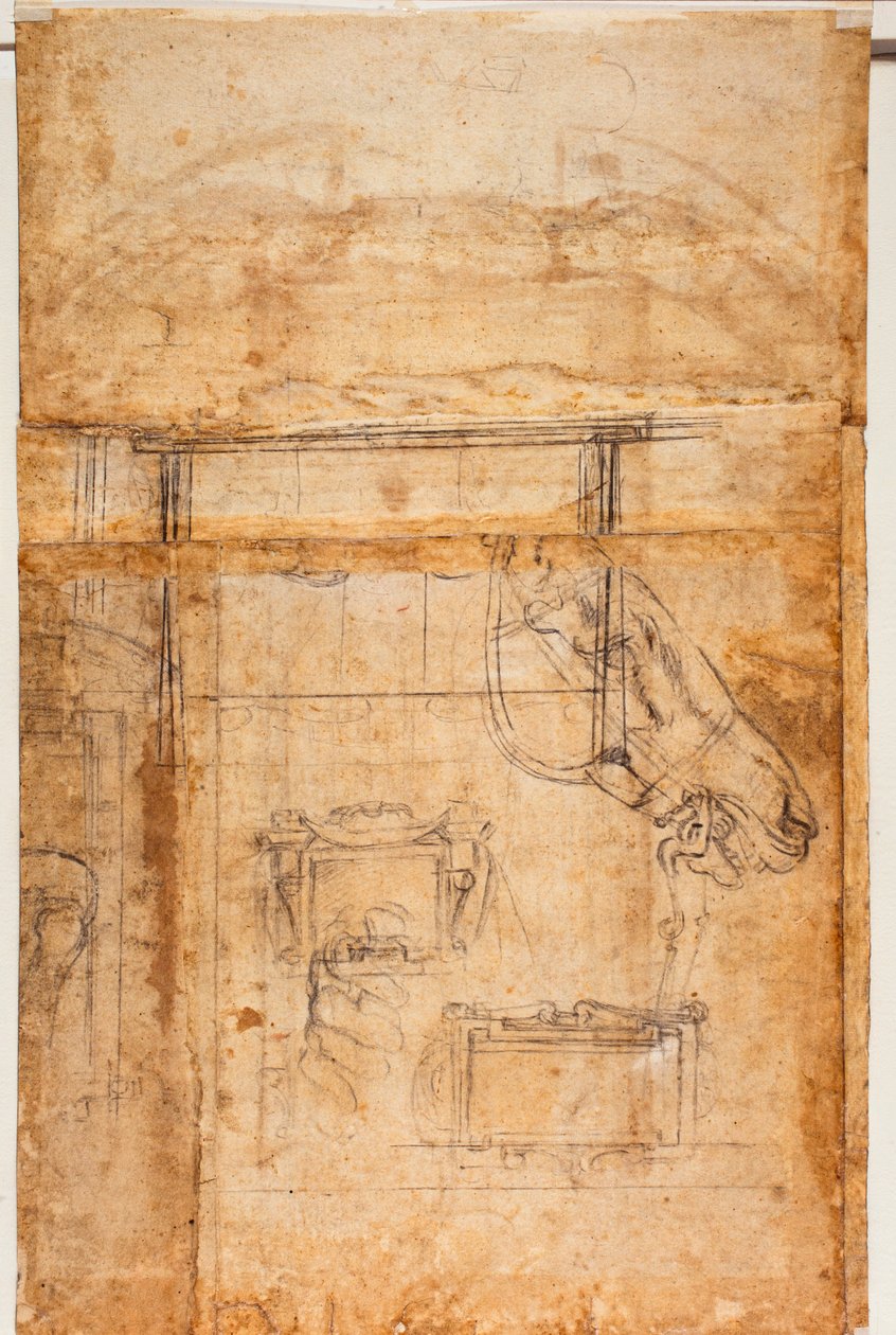 Forskellige studier af figurer og arkitektur af Michelangelo Buonarroti
