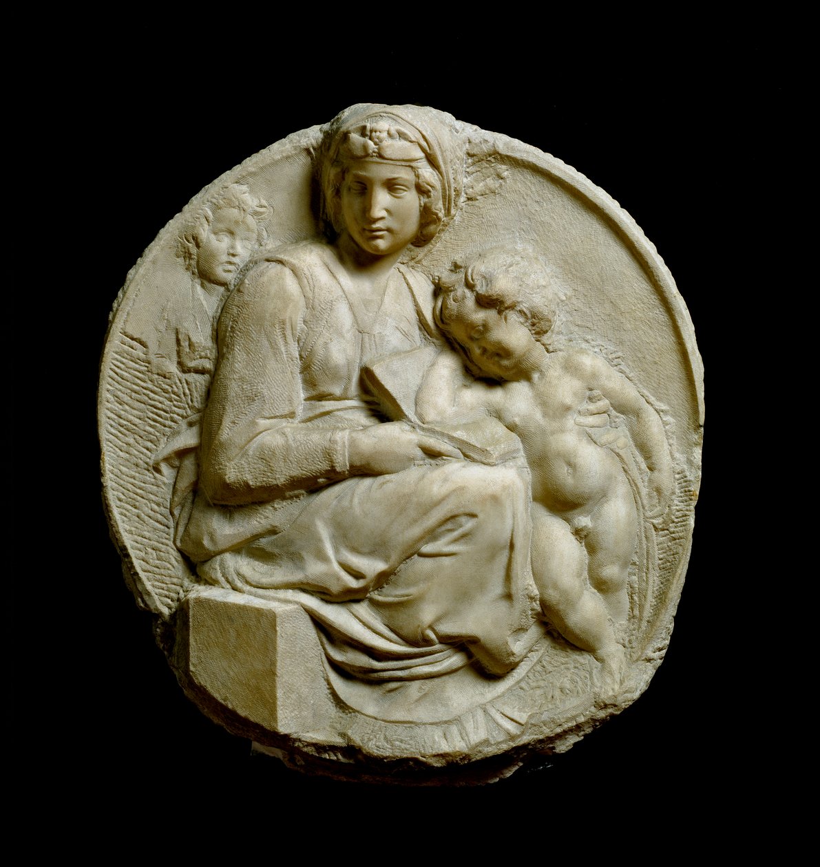 Jomfru og barn med Johannes Døberens barn Madonna Pitti eller Tondo Pitti. Prægede marmorstrømper af Michelangelo Buonarroti af Michelangelo Buonarroti