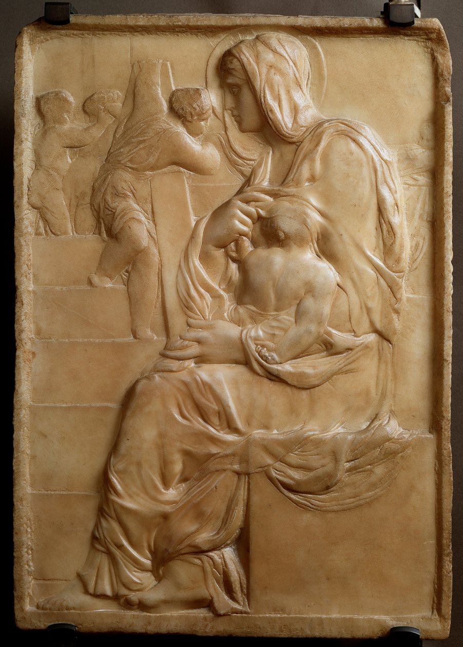 Jomfru på trappen (Madonna della Scala) Lavt marmorrelief af Michelangelo Buonarroti dit Michel Ange (Michelangelo eller Michelangelo af Michelangelo Buonarroti