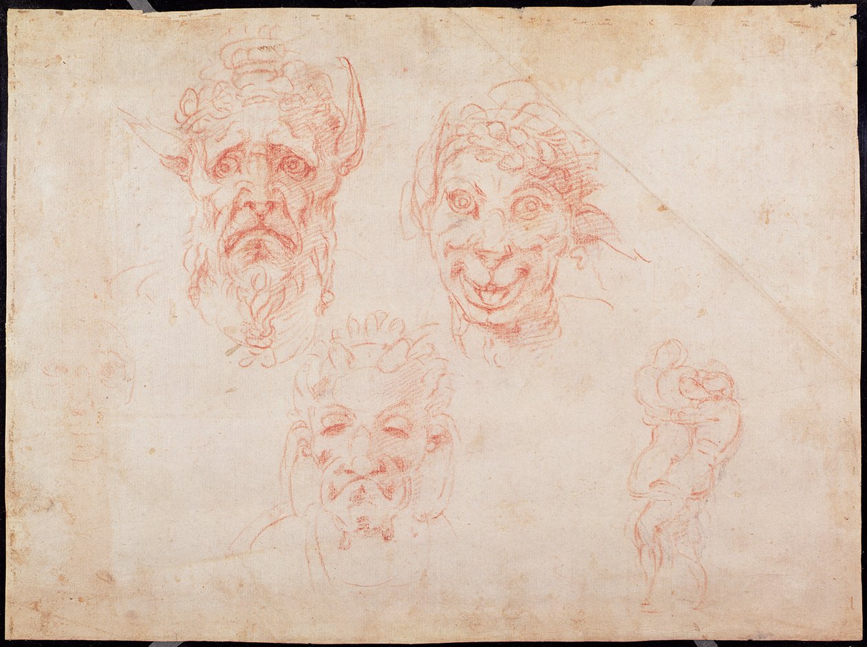 W.33 Skitser af satyransigter (rødt kridt på papir) af Michelangelo Buonarroti