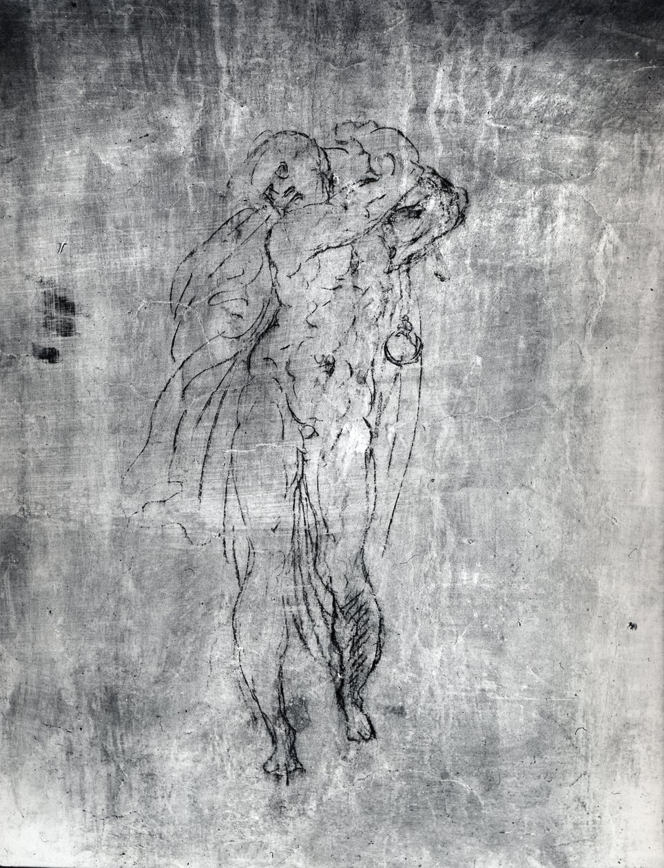 Vægtegning af en mandsfigur, ca. 1530 (kul på gips) af Michelangelo Buonarroti