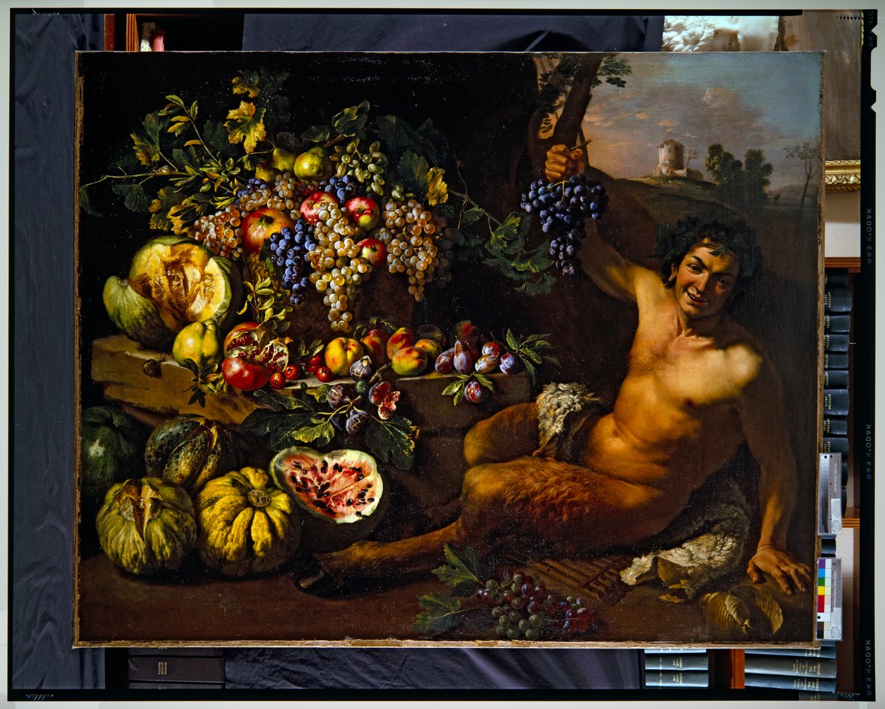 Stilleben med en satyr i et landskab (lærred) af Michelangelo Cerquozzi
