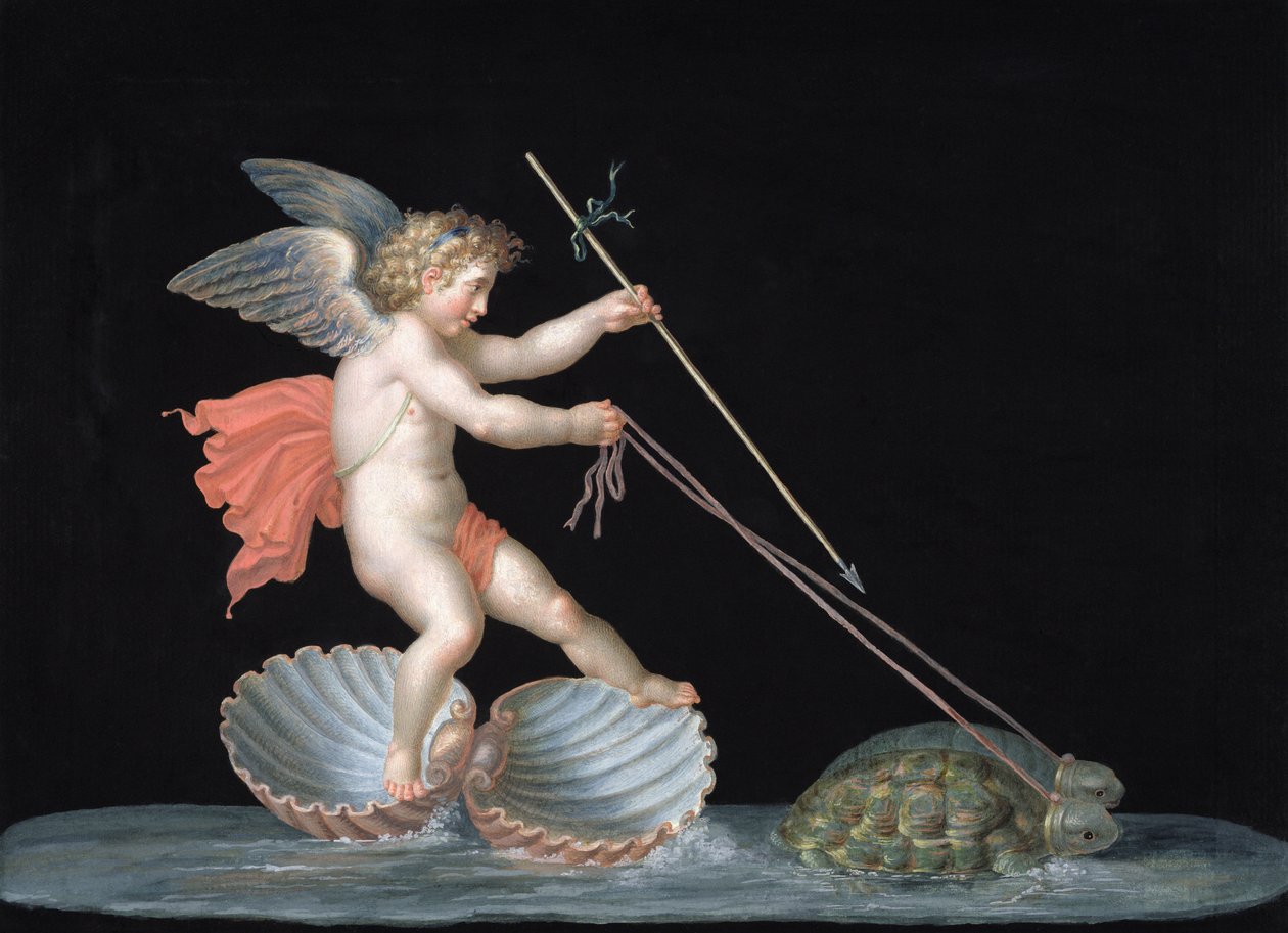 Amor ledes af skildpadder (olie på panel) af Michelangelo Maestri