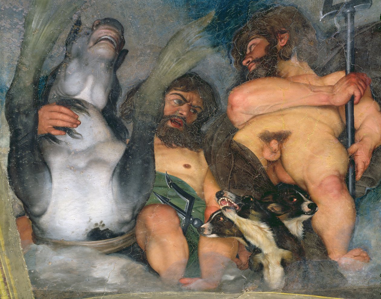 Allegori over elementerne, universet og stjernetegn, detalje af Neptun og Triton med Cerberus, den trehovedede hund, 1597 olie på gips detalje af 107109 af Michelangelo Merisi Caravaggio