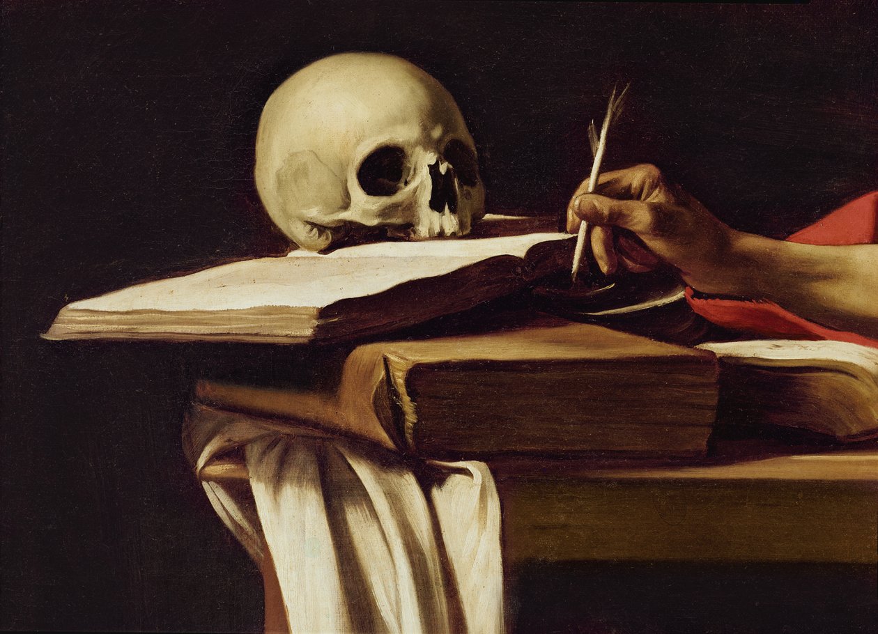 Sankt Hieronymus, skrift (detalje fra maleri 64912) af Michelangelo Merisi Caravaggio