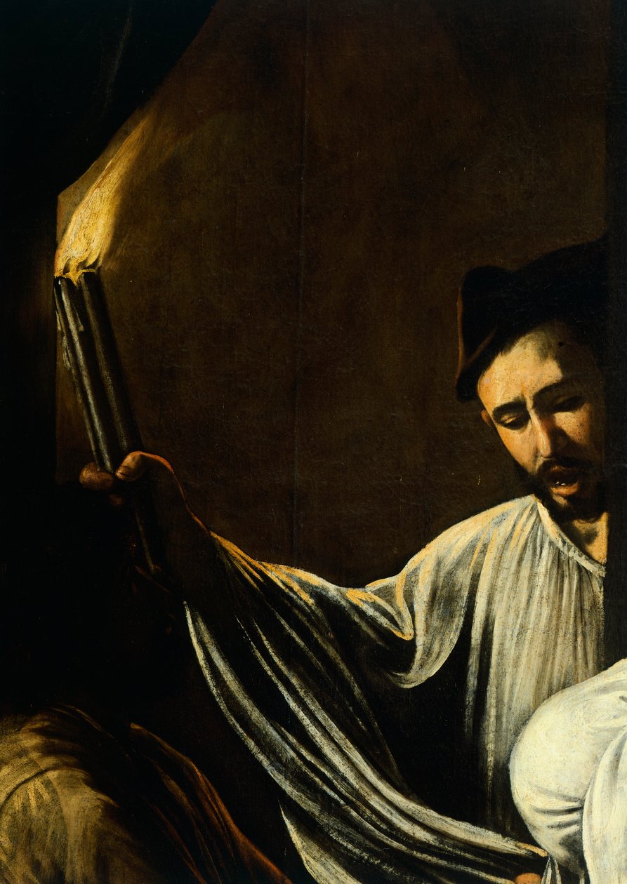 En mand, der holder en fakkel og begraver en død, detalje fra Our Lady of Mercy eller Seven Acts of Mercy, ca. 1606-07 (olie på lærred) af Michelangelo Merisi da Caravaggio