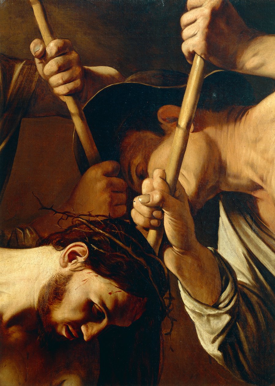 Face of Christ, The Crowning with Thorns, c.1603 (olie på lærred) (detalje af 507206) af Michelangelo Merisi da Caravaggio