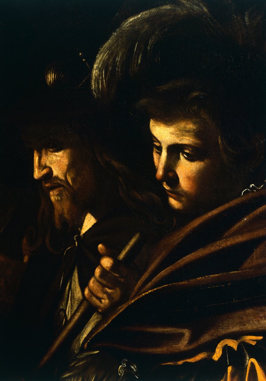 Ansigter af to mænd, detaljer fra Our Lady of Mercy eller Seven Acts of Mercy, ca. 1606-07 (olie på lærred) af Michelangelo Merisi da Caravaggio