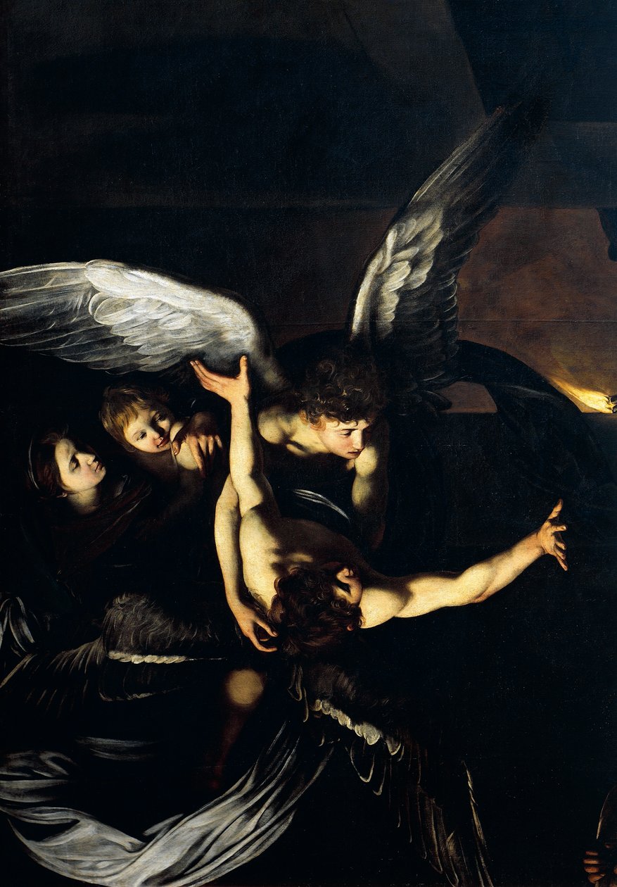 Figurer af engle, detaljer fra Our Lady of Mercy eller Seven Acts of Mercy, ca. 1606-07 (olie på lærred) af Michelangelo Merisi da Caravaggio