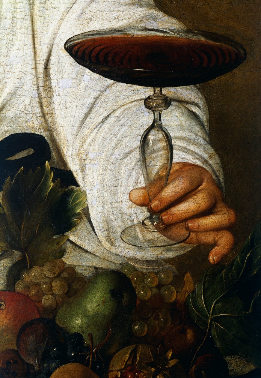 Glas vin, detalje fra Bacchus af Michelangelo Merisi da Caravaggio