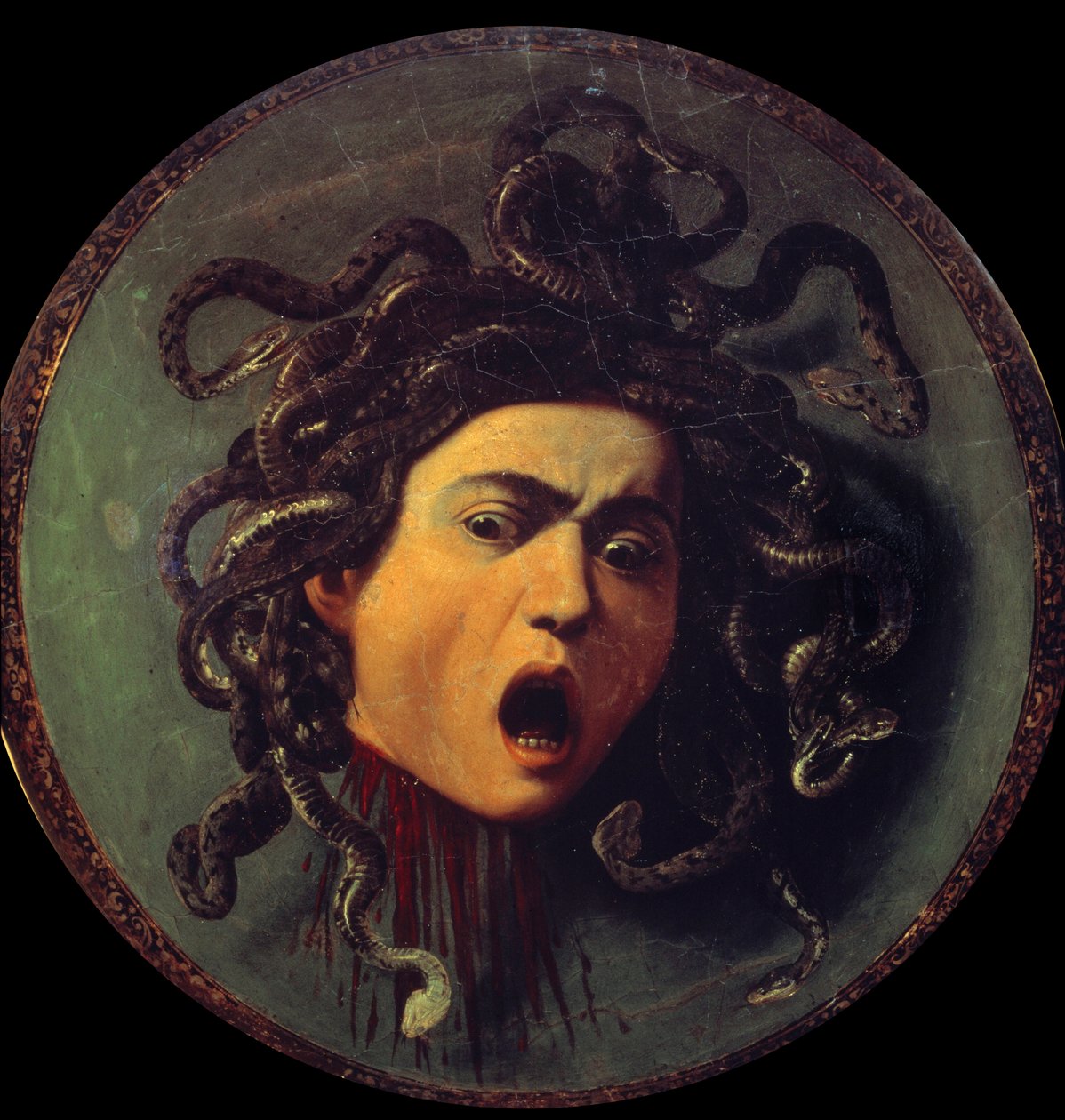 Leder af Meduse. Maleri på bagsiden af et skjold beklædt med lærred. Symbol på fornuftens sejr over sanserne med henvisning til myten om Persee og Meduse (Gorgona). Maleri af Michelangelo Merisi kaldet The Caravaggio eller il Caravaggio (1571-1610) af Michelangelo Merisi da Caravaggio