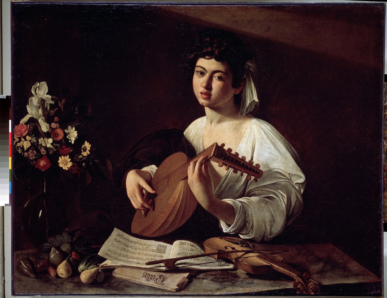 ""Lutespilleren"" (Lutespilleren) Maleri af Michelangelo Merisi kendt som Caravaggio (Caravaggio) (1571-1610) omkring 1595 Dim. 94x119 cm Eremitagemuseet, Sankt Petersborg. af Michelangelo Merisi da Caravaggio