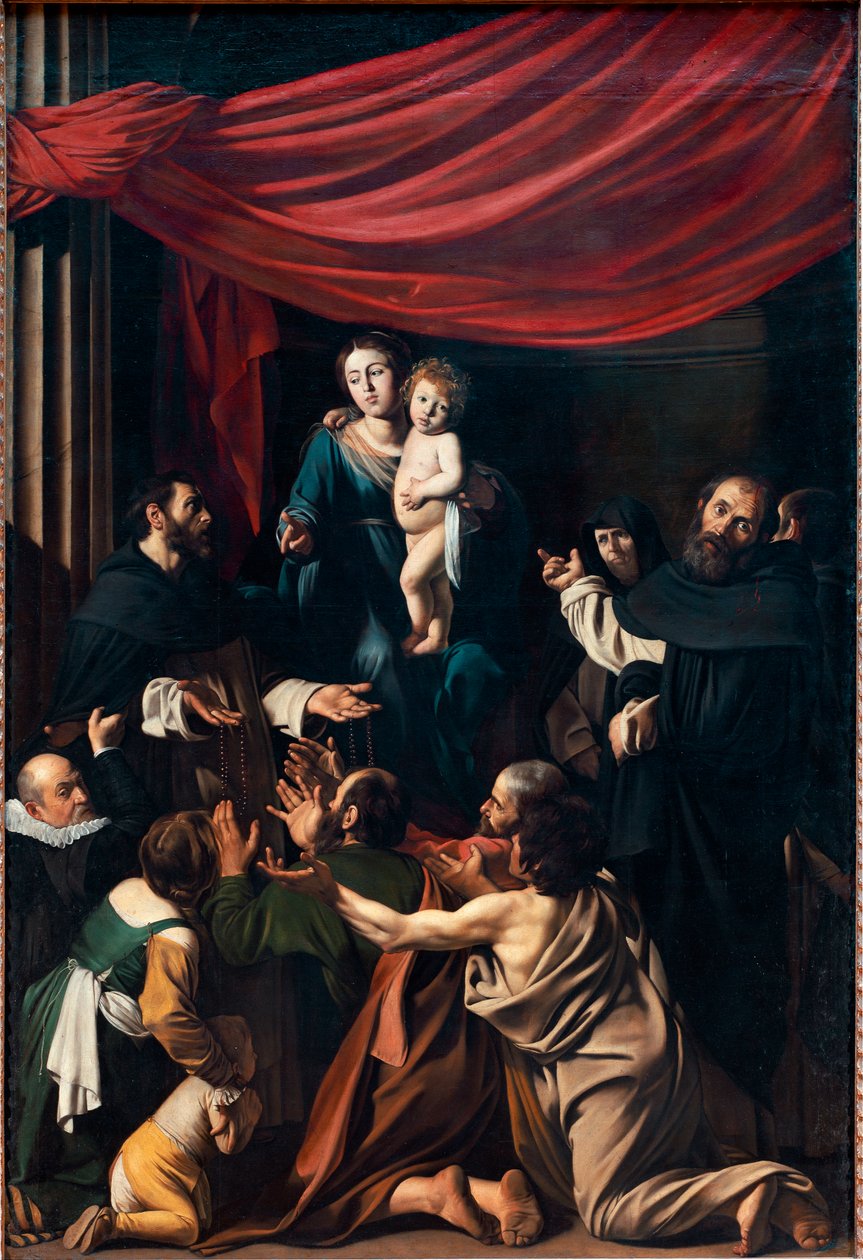 Madonna ved rosenkransen (olie på lærred af Michelangelo Merisi da Caravaggio