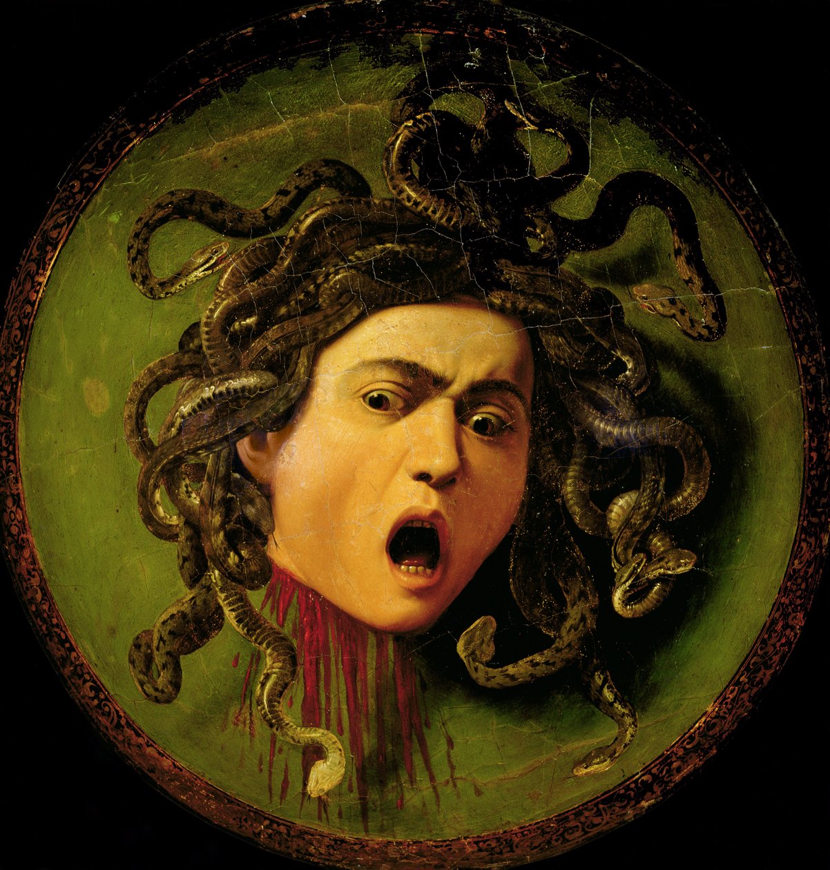 Medusa, malet på et ridderskjold af læder, ca. 1596-98 (olie på lærred fastgjort til træ) (før restaurering) af Michelangelo Merisi da Caravaggio