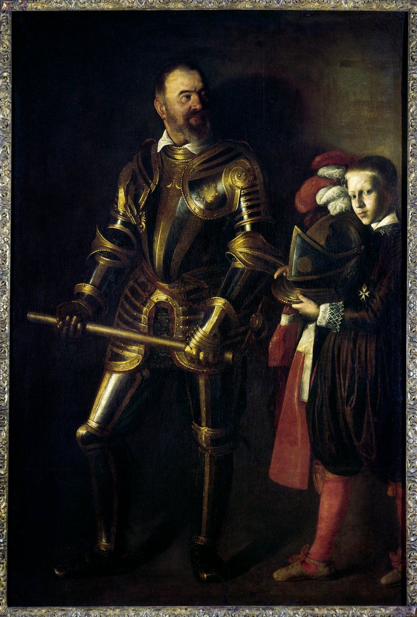 Portræt i foden af Alof de Wignacourt (1547-1622) Stormester af Maltas orden fra 1601 til 1622, og hans side Maleri af Michelangelo Merisi dit Le Caravaggio ou il Caravaggio (1571-1610) 1608 Søn. 1,94x1,34 m af Michelangelo Merisi da Caravaggio