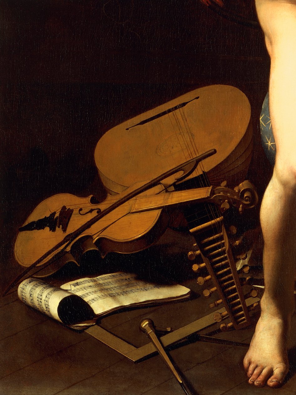 Repræsentation af musikinstrumenter, detalje af Amor Victorious, ca. 1602 (olie på lærred) af Michelangelo Merisi da Caravaggio