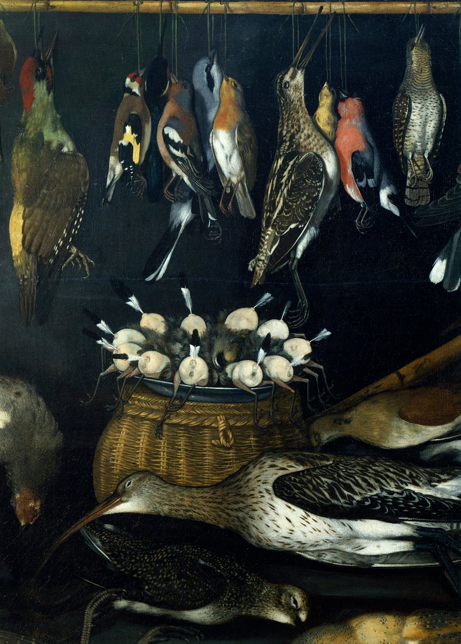Stilleben med fugle, af Master of the Hartford Still-life (olie på lærred) (detalje af 624934) af Michelangelo Merisi da Caravaggio