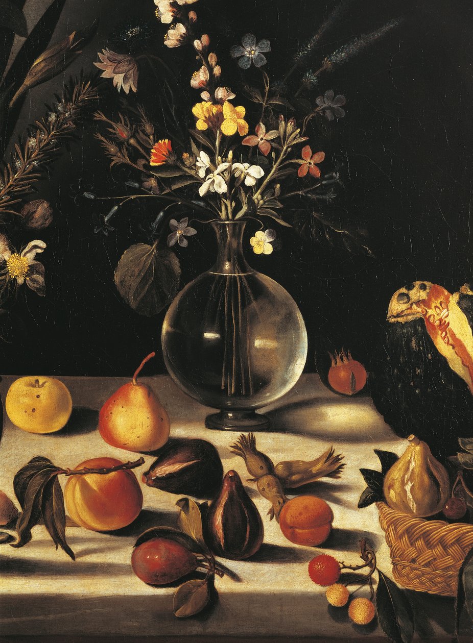 Stilleben med blomster og frugt, af Master of the Hartford Still Life, ca. 1600-10 (olie på lærred) (detalje af 507174) af Michelangelo Merisi da Caravaggio