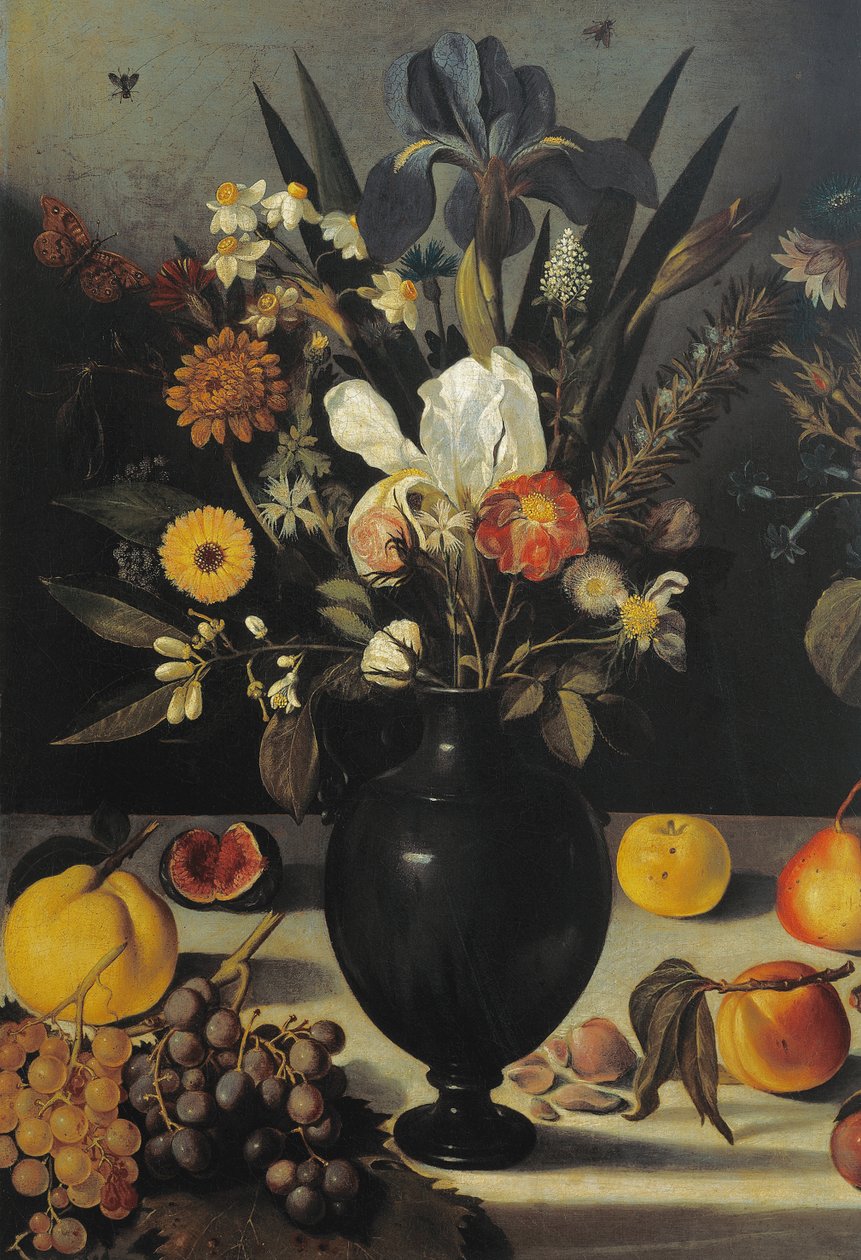 Stilleben med blomster og frugt, af Master of the Hartford Still Life, ca. 1600-10 (olie på lærred) (detalje af 507174) af Michelangelo Merisi da Caravaggio
