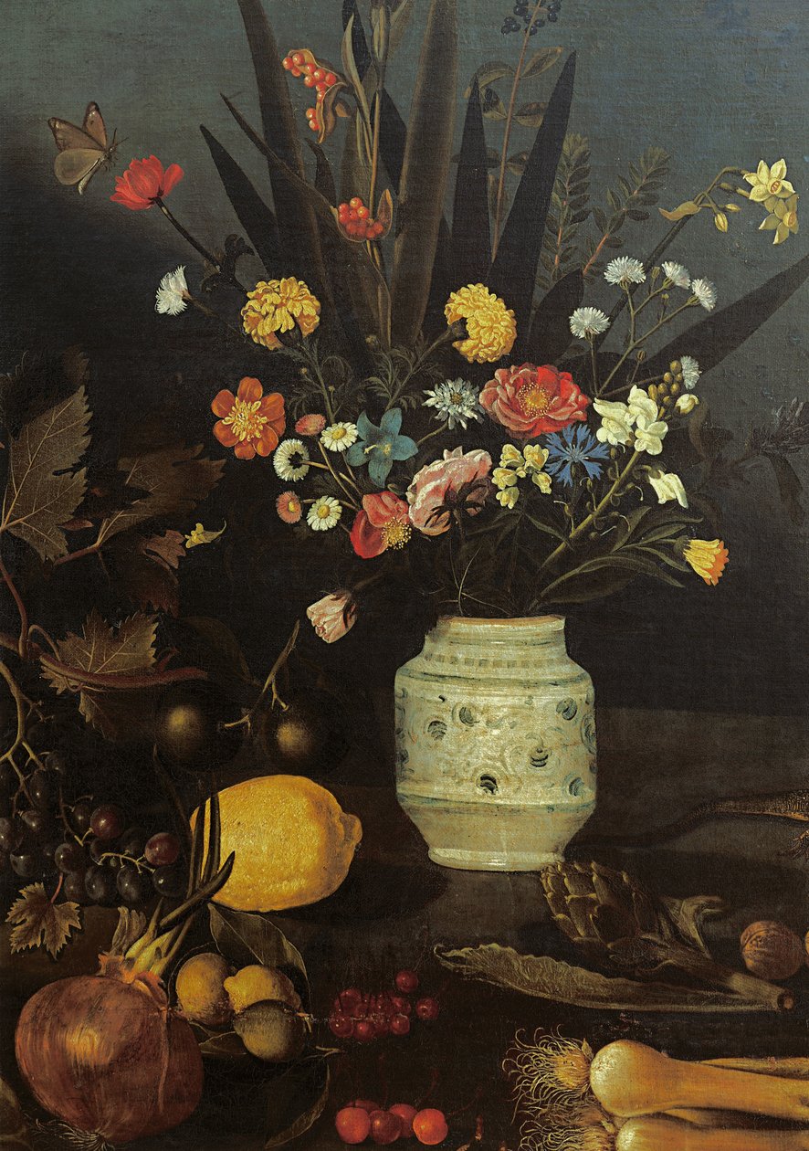 Stilleben med blomster og planter (olie på lærred) (detalje af 624933) af Michelangelo Merisi da Caravaggio