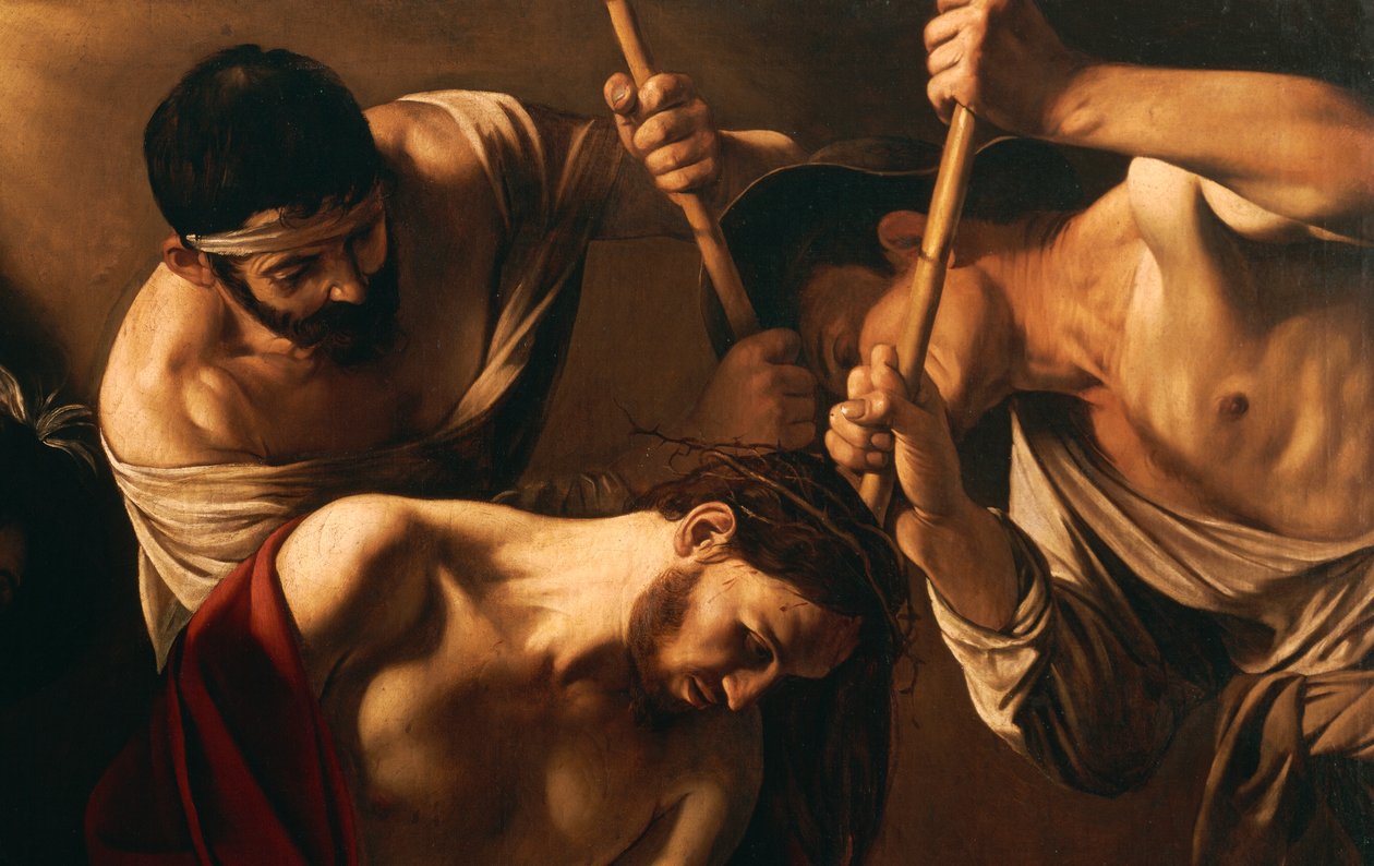 The Crowning with Thorns, c.1603 (olie på lærred) (detalje af 507206) af Michelangelo Merisi da Caravaggio