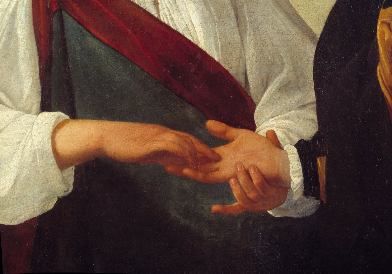 Spåkonen Detalje, der repræsenterer klientens hånd strakt ud i kvindens hånd, der læser linjerne i hans håndflade. Maleri af Michelangelo Merisi da Caravaggio dit Le Caravaggio (ca. 1571-1610) Søn. 0,99x1,31 m af Michelangelo Merisi da Caravaggio