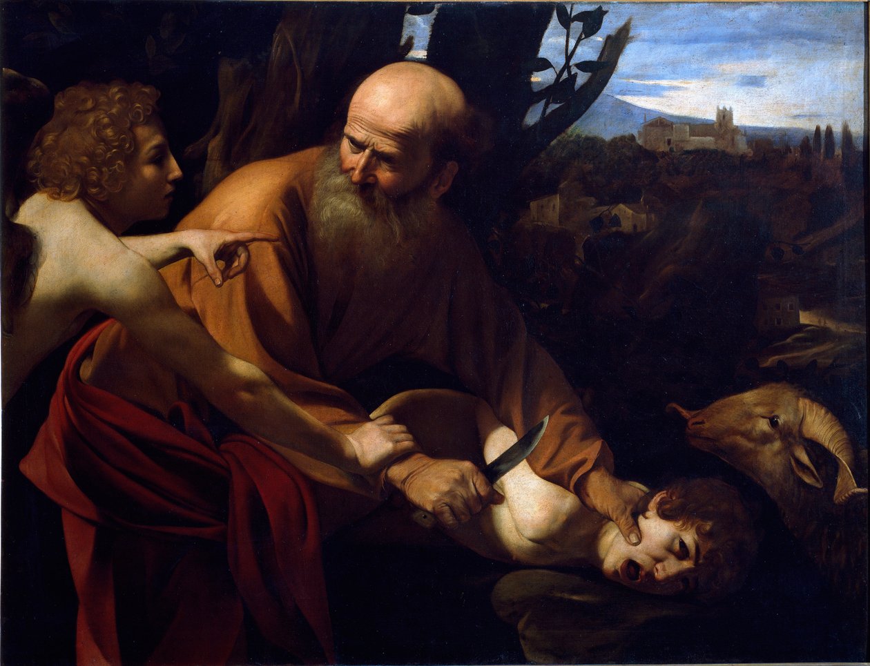 Isaks ofring En engel holder Abrahams hånd før hans søn Isaks ofring, befalet af Herren. Maleri af Michelangelo Merisi kaldet The Caravaggio eller il Caravaggio (1571-1610) 1594-1596 Dim. 104x135 cm Firenze, Galleria degli Uffizi ( af Michelangelo Merisi da Caravaggio