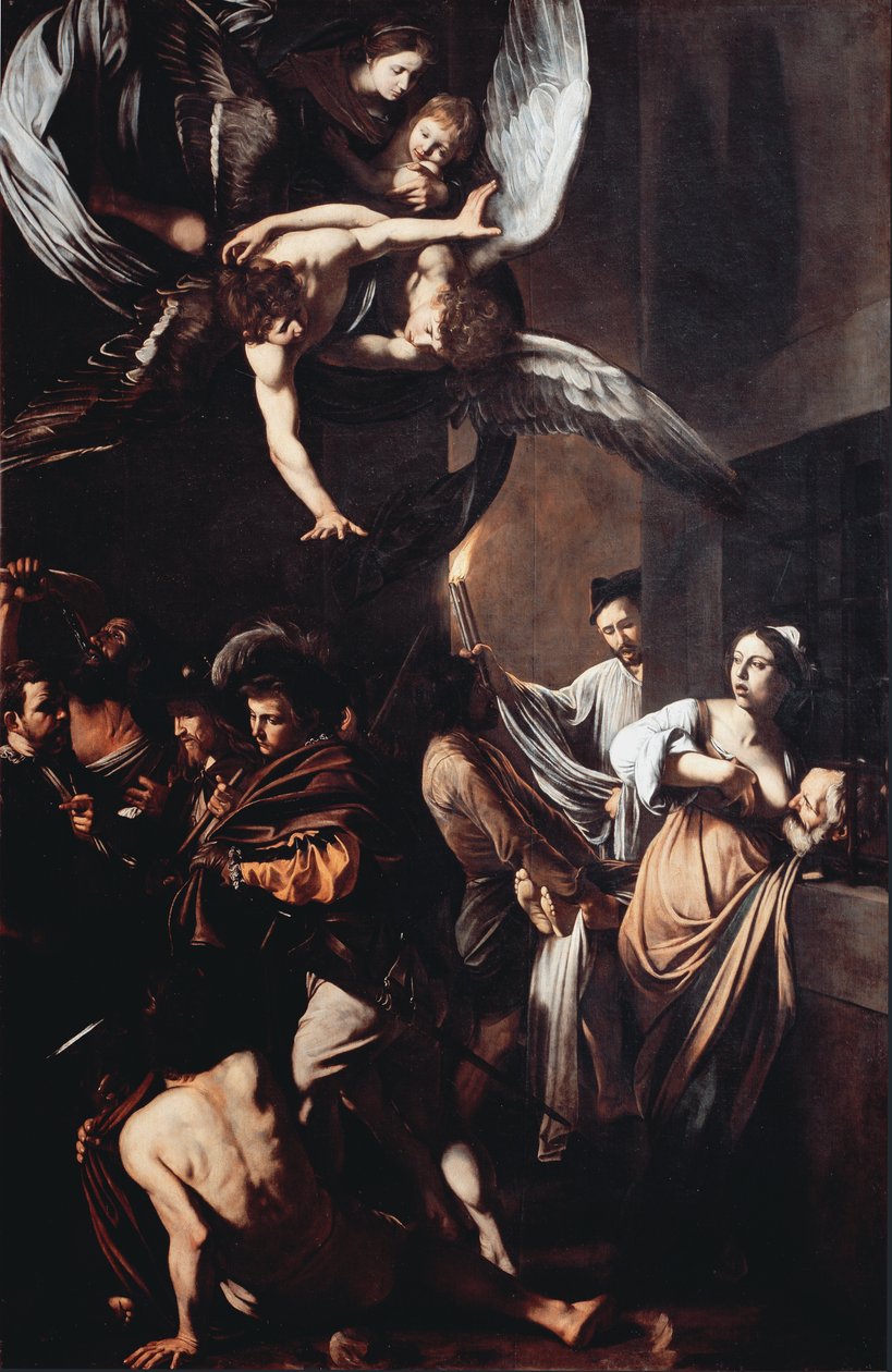 De syv værker af misericorde (Sette opere di misericordia). Cimon dømmer til at sulte i fængslet lever af brystet af sin datter Pero (Roman Charity), og i baggrunden bærer en mand en fakkel i flamme for at trække et lig ud. Øverst har jomfruen t af Michelangelo Merisi da Caravaggio