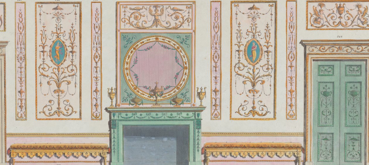 Indvendig dekoreret væg med døre og pejs, nr. 344-350..., 20. marts 1785. af Michelangelo Pergolesi