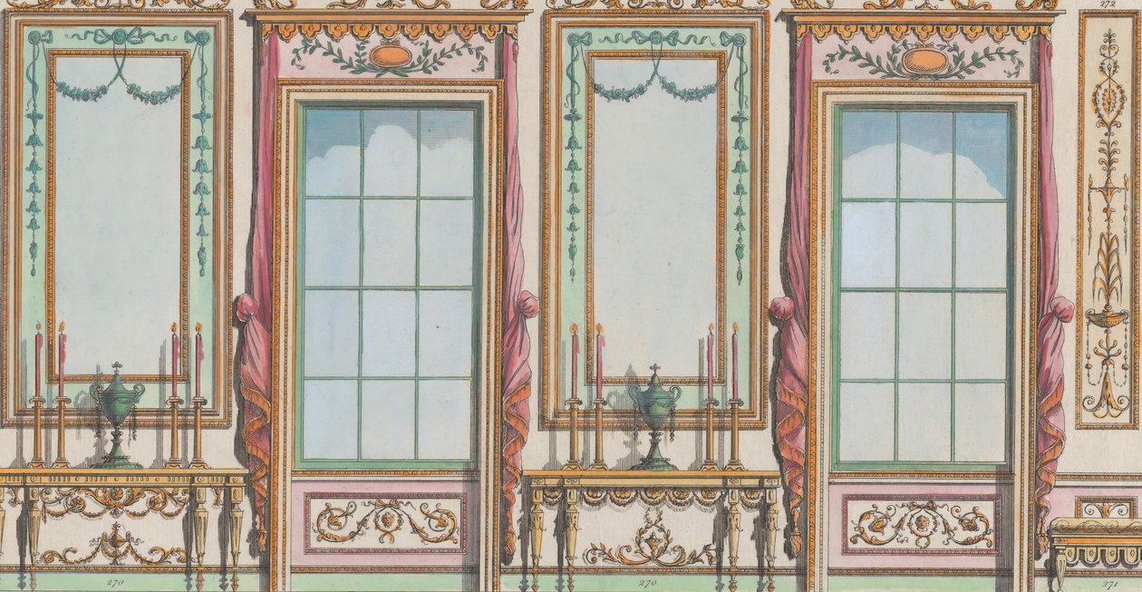 Indvendig dekoreret væg med vinduer og Pier-glas, nr. 267-273..., 27. februar 1784. af Michelangelo Pergolesi