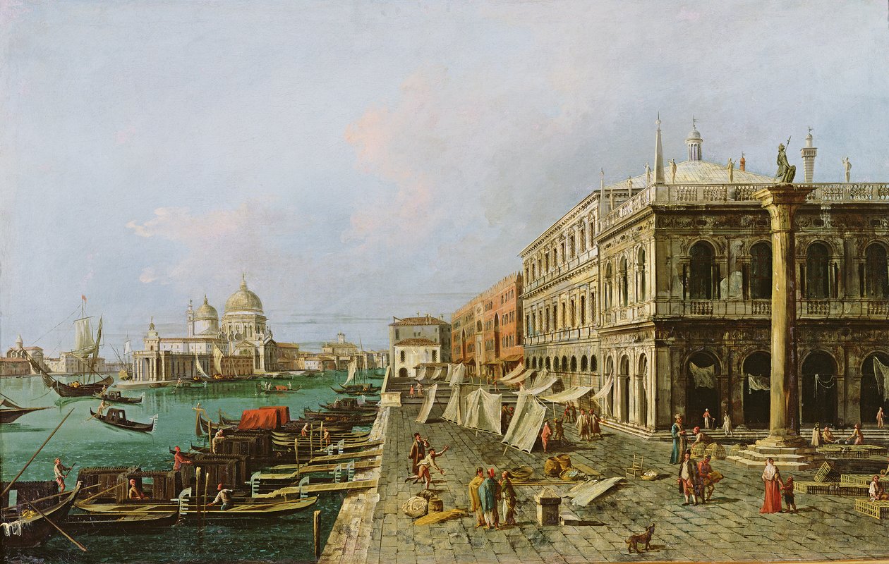 Udsigt over Molo foran Palazzo della Zecca, med Santa Maria della Salute i baggrunden, Venedig af Michele Marieschi