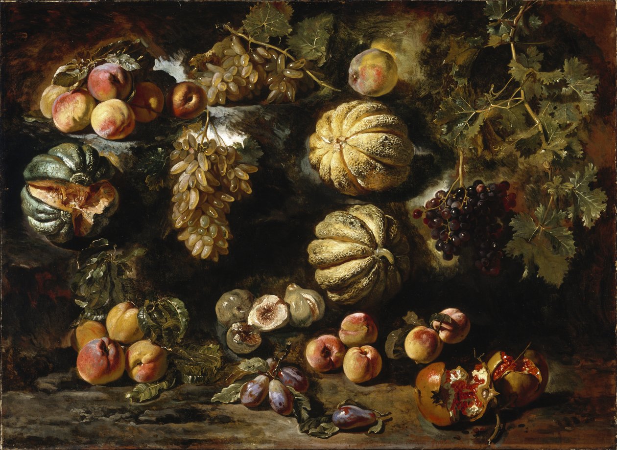 Stilleben med meloner, ferskner, figner og druer, ca. 1640-1650 af Michele Pace del Campidoglio