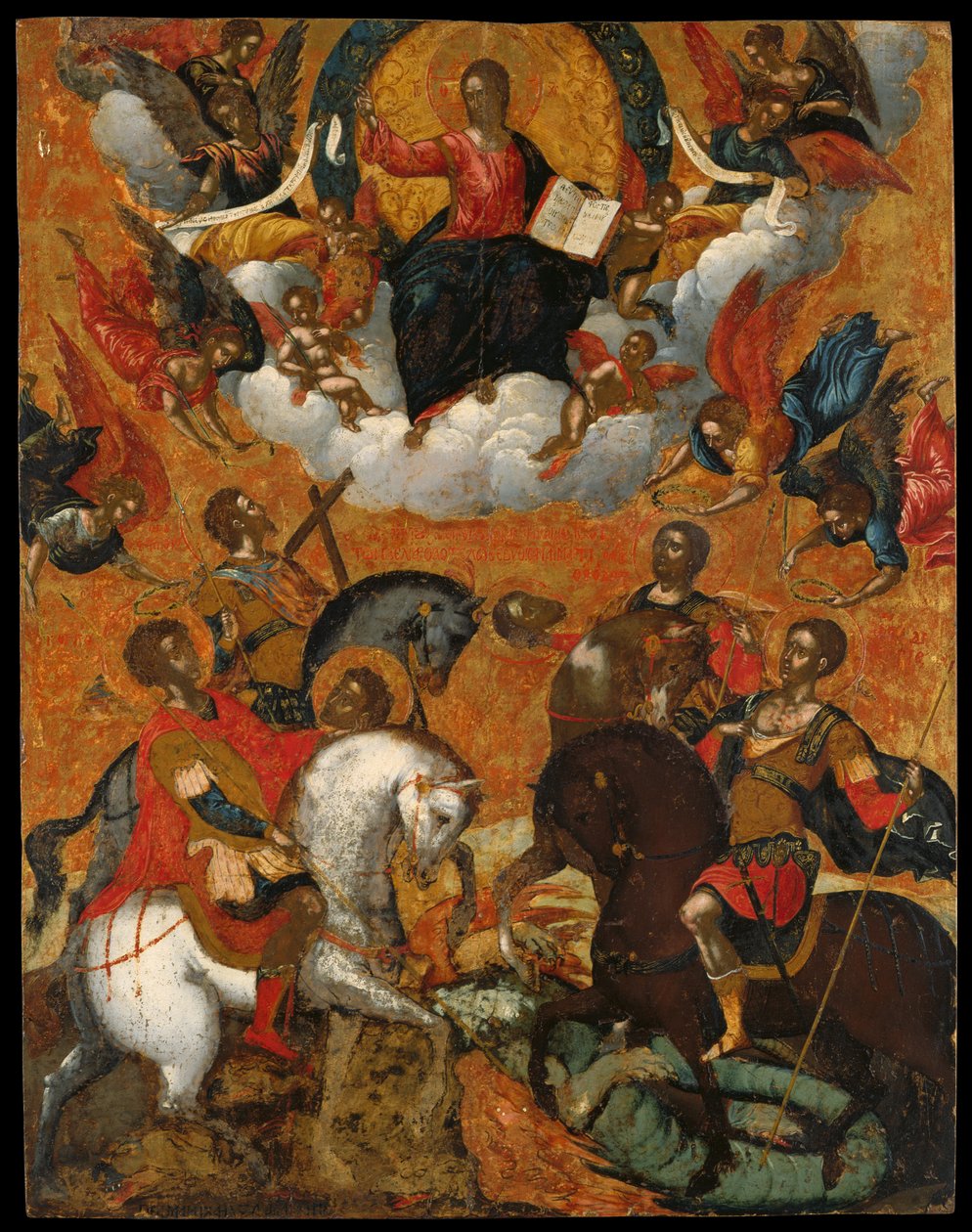 Ikon for fire militære hellige til hest (ægtempera på panel) af Michele attr. to Damaskinos