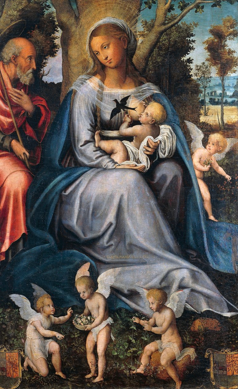 Hvil i Egypten, centralt panel af Trøstens Triptykon, tilskrevet Michele Cavaro (1517-1584), tempera og olie på træ. af Michele (attr.) Cavaro