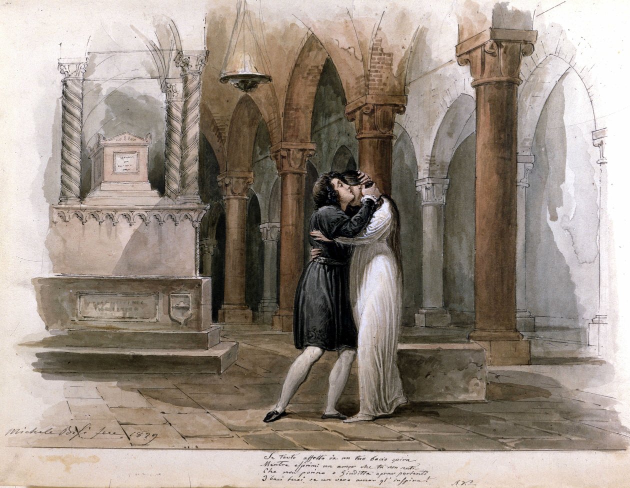 I Capuleti e i Montecchi (Les Capulet et les Montaigu) af Vincenzo Bellini, forestilling på Fenice Theatre i Venedig. Giuditta Pasta og Giulia Grisi fremfører Romeo og Julie. Akvarel af Michele Bisi af Michele Bisi