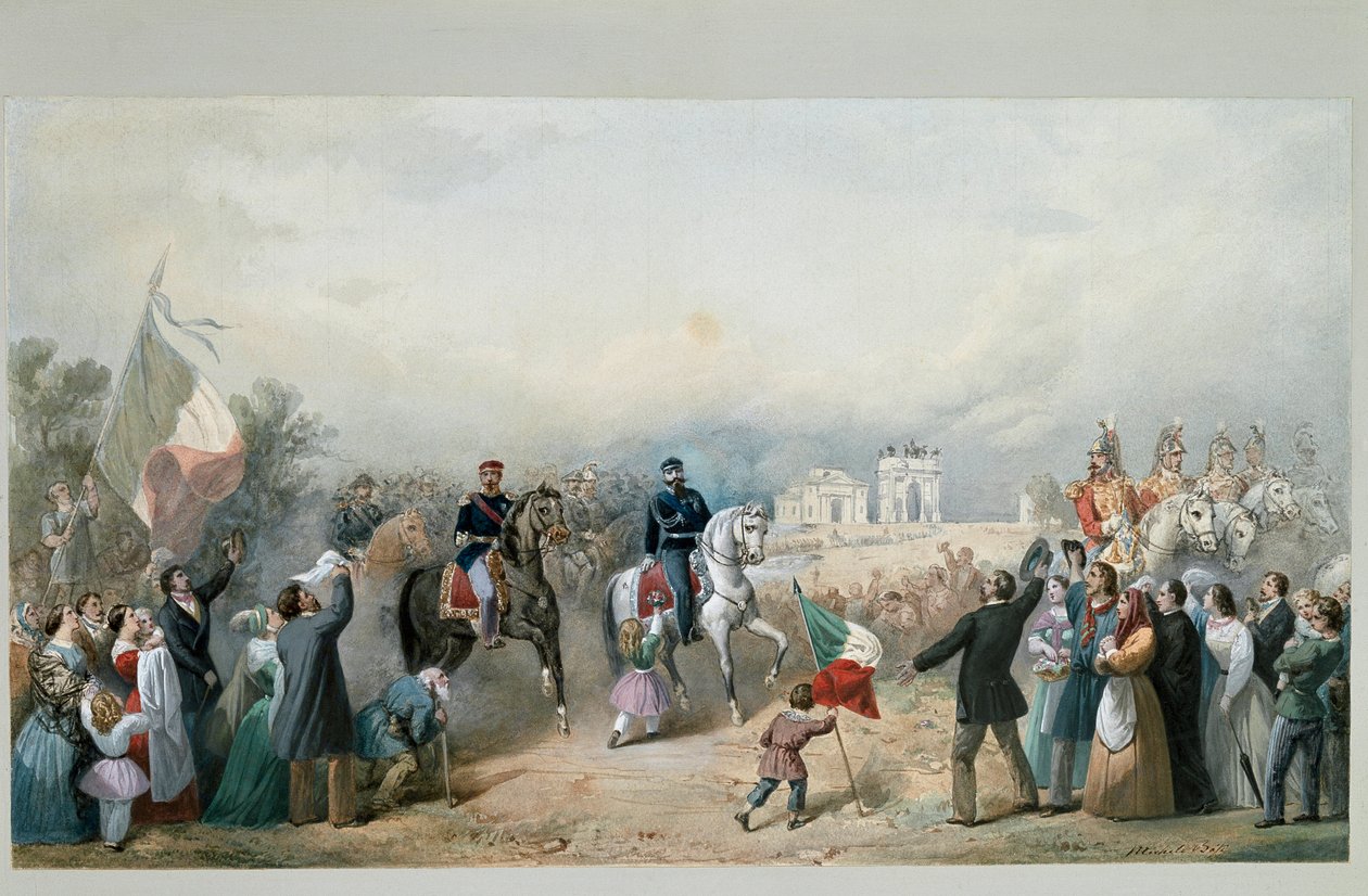 Triumferende indtog af kongen af Sardinien Vittorio Emanuele II og Napoleon III i Milano den 8. juni 1859 (akvarel af Michele Bisi
