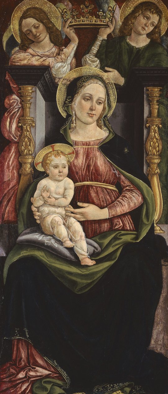 Jomfru og barn på tronen med to engle, der holder en krone, 1505-15 af Michele Ciampanti